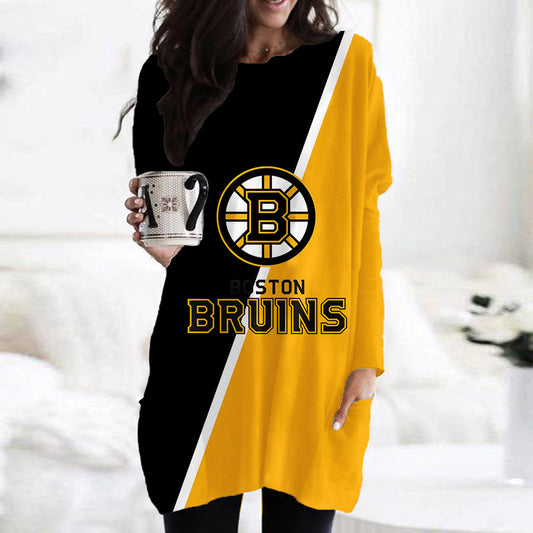 Boston Bruins Casual Long Sleeve Pocket Dress AZBTLSPD000067