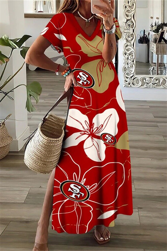 San Francisco 49ers V-Neck Side Slit Long Dress AZBTVSD000002