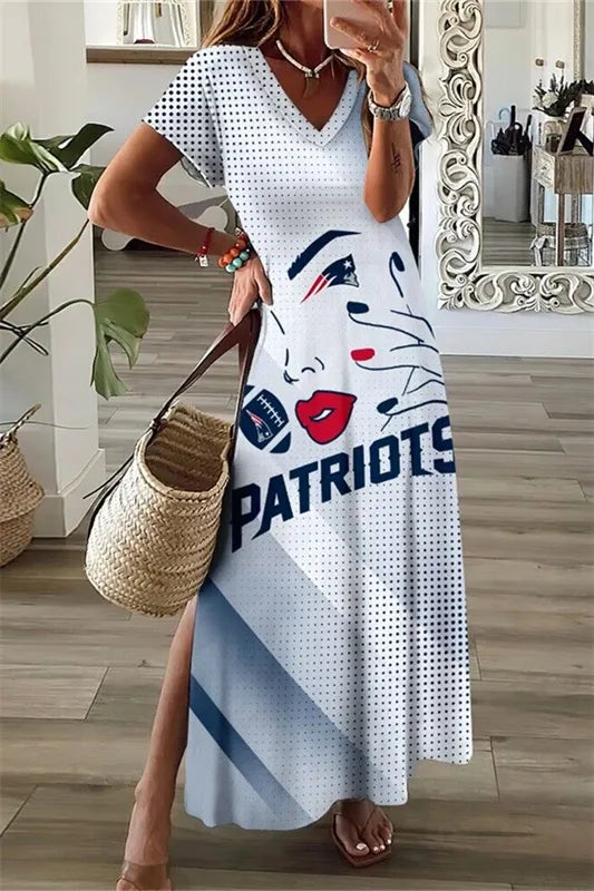 New England Patriots V-Neck Side Slit Long Dress AZBTVSD000138