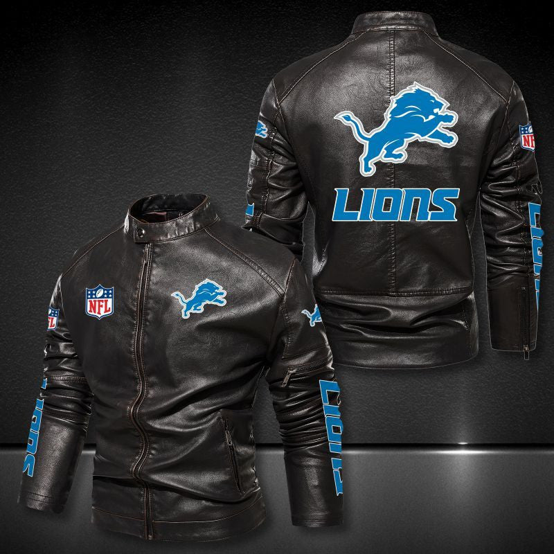 Detroit Lions Stand-up Collar Leather Jacket BG21