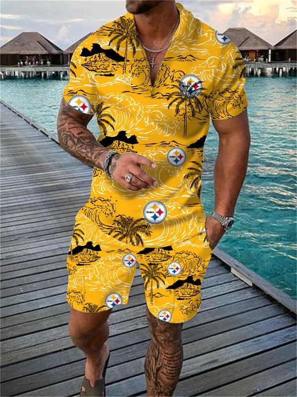 Pittsburgh Steelers Zip Polo Shirt And Shorts Men AZPLZ110