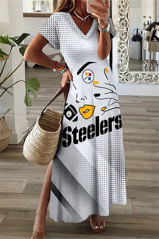 Pittsburgh Steelers V-Neck Side Slit Long Dress AZBTVSD000342