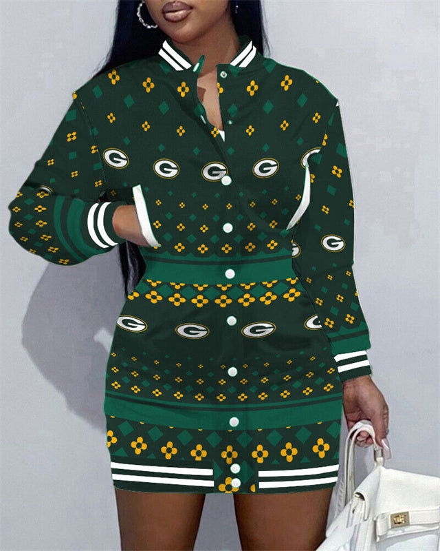 Green Bay Packers Women Button Down Jacket Dress AZBTBDJD000238