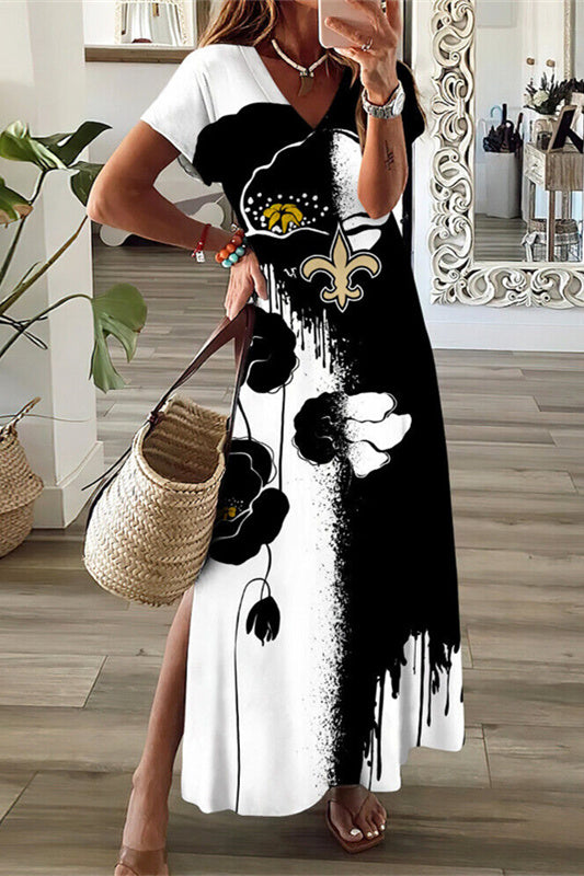 New Orleans Saints V-Neck Side Slit Long Dress AZBTVSD000015