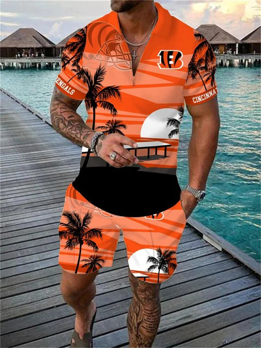 Cincinnati Bengals Zip Polo Shirt And Shorts Men AZPLZ192