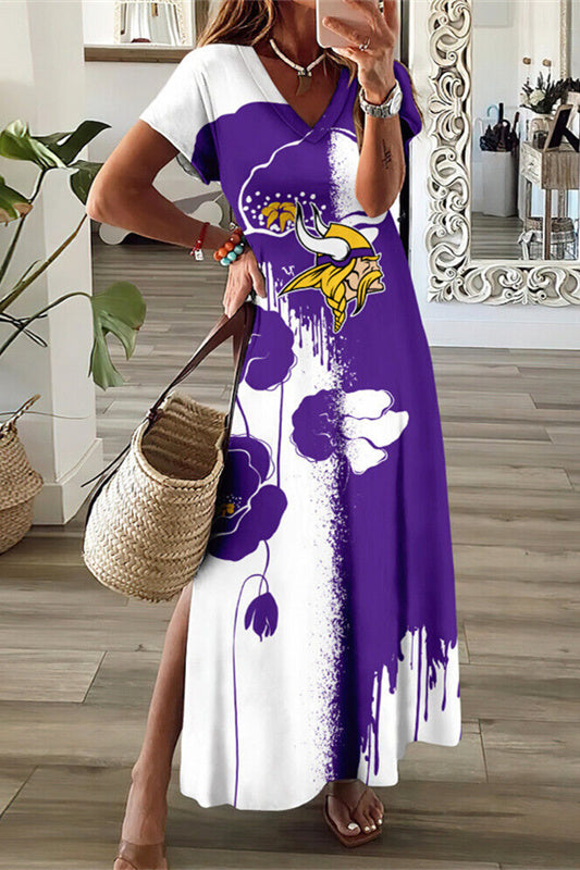 Minnesota Vikings V-Neck Side Slit Long Dress AZBTVSD000499
