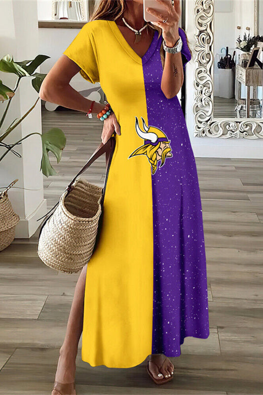 Minnesota Vikings V-Neck Side Slit Long Dress AZBTVSD000500