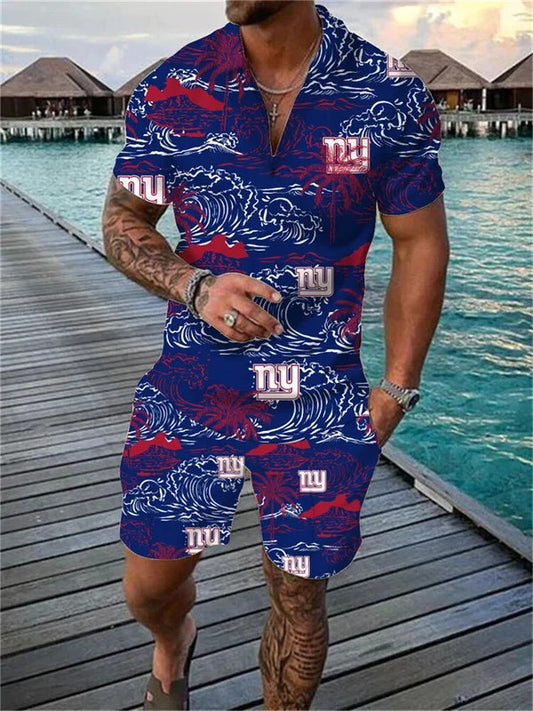 New York Giants Zip Polo Shirt And Shorts Men AZPLZ221
