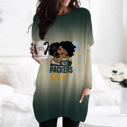 Green Bay Packers Casual Long Sleeve Pocket Dress AZBTLSPD000002
