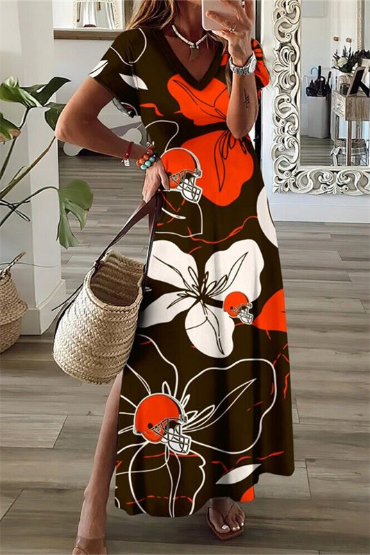 Cleveland Browns V-Neck Side Slit Long Dress AZBTVSD000389