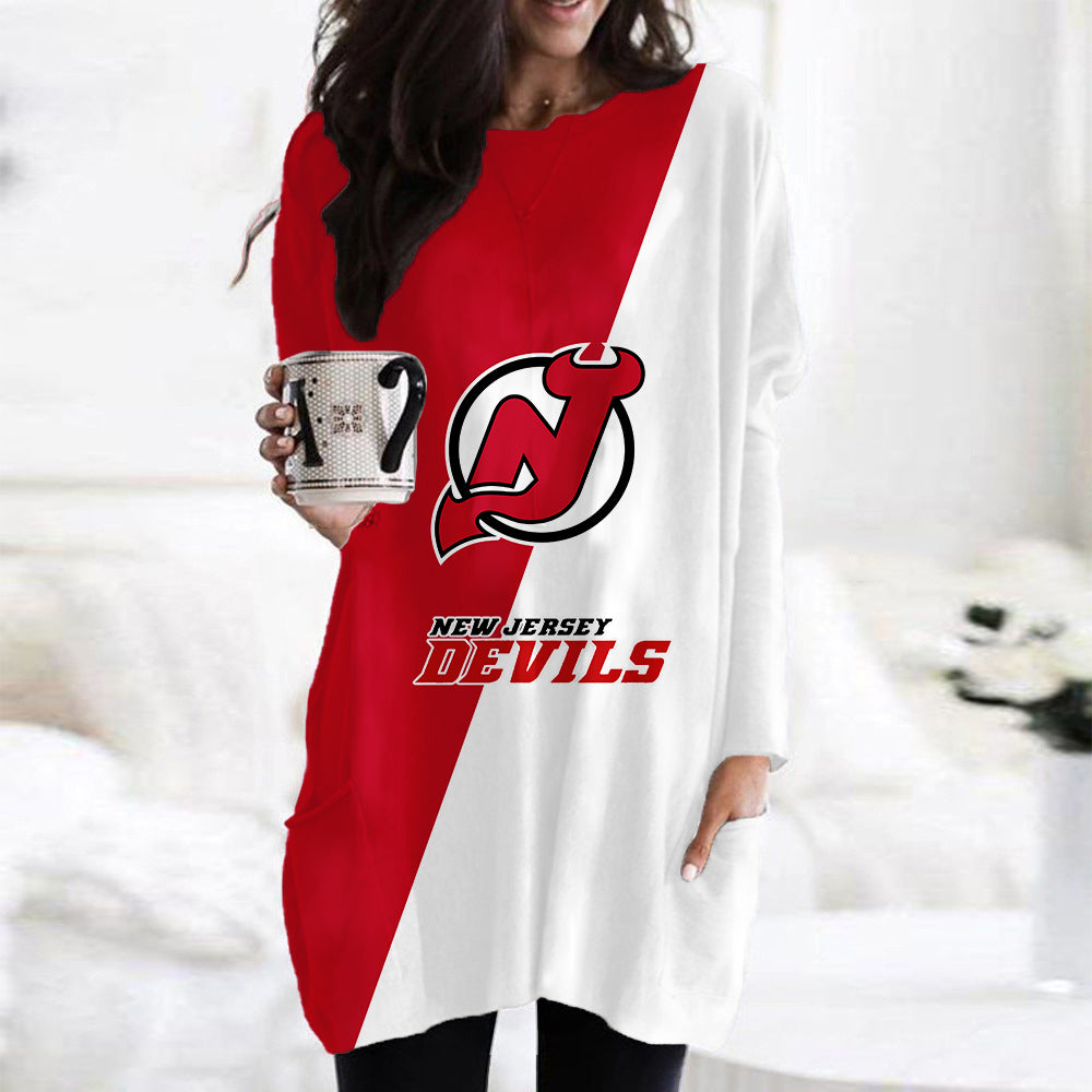 New Jersey Devils Casual Long Sleeve Pocket Dress AZBTLSPD000089