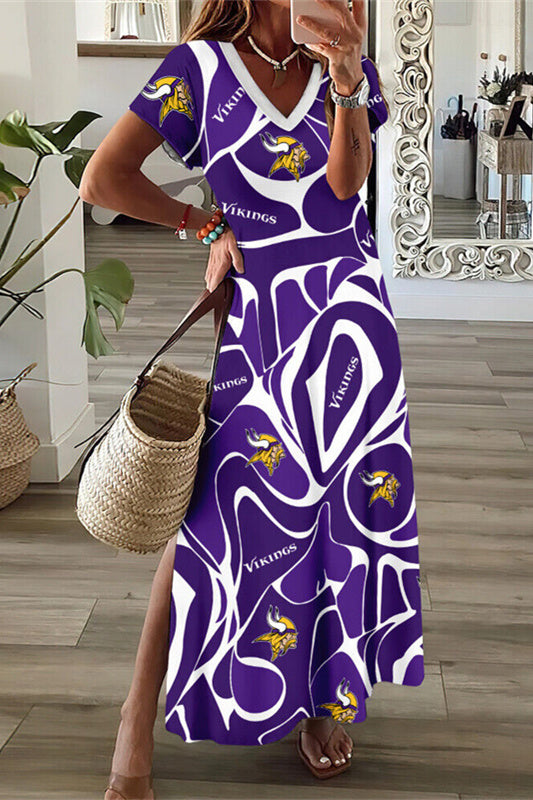 Minnesota Vikings V-Neck Side Slit Long Dress AZBTVSD000474
