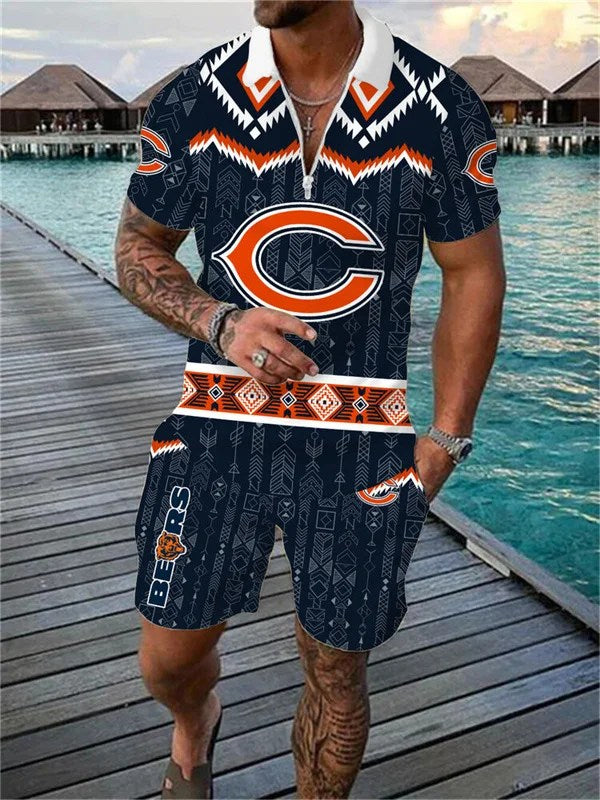 Chicago Bears Zip Polo Shirt And Shorts Men AZPLZ121