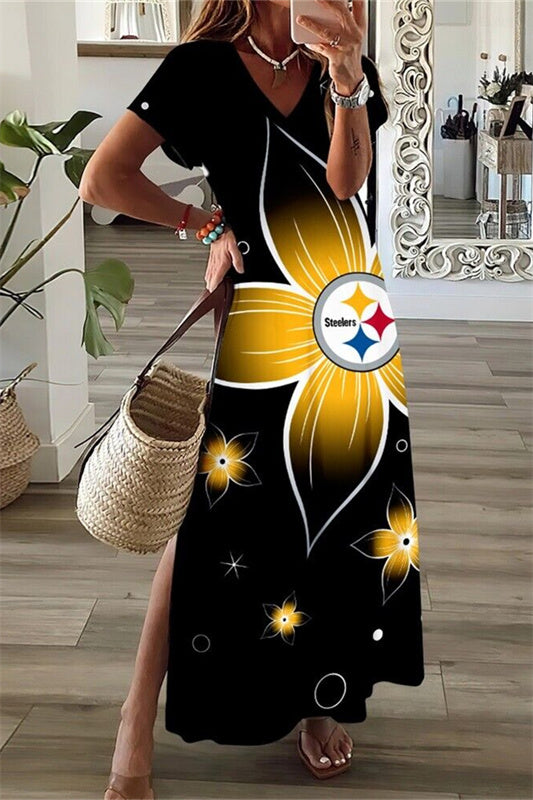 Pittsburgh Steelers V-Neck Side Slit Long Dress AZBTVSD000173