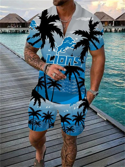 Detroit Lions Zip Polo Shirt And Shorts Men AZPLZ211