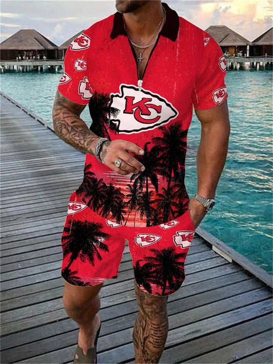 Kansas City Chiefs Zip Polo Shirt And Shorts Men AZPLZ049