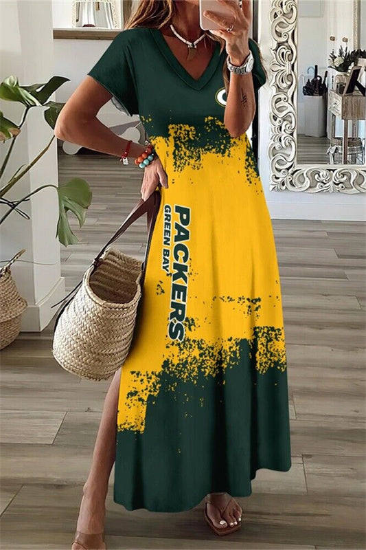 Green Bay Packers V-Neck Side Slit Long Dress AZBTVSD000486