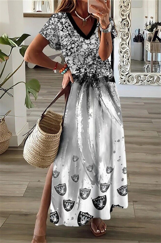 Las Vegas Raiders V-Neck Side Slit Long Dress AZBTVSD000480
