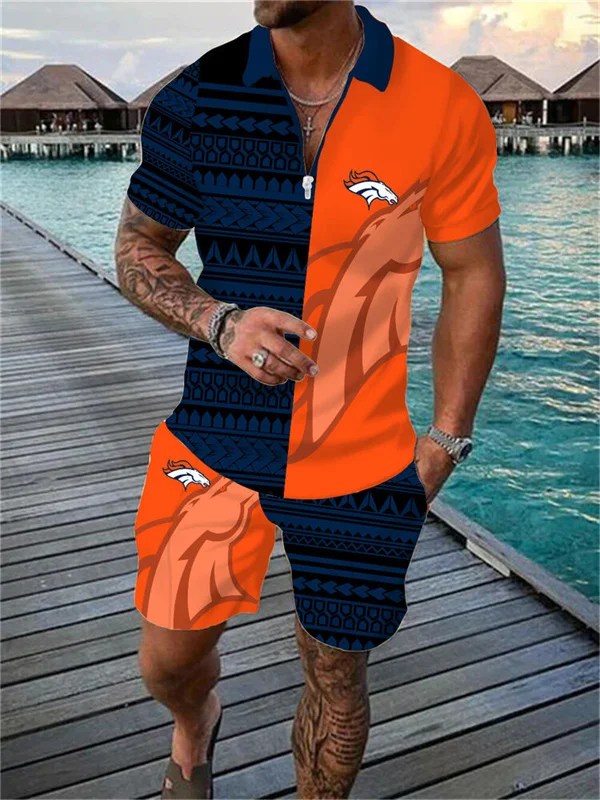 Denver Broncos Zip Polo Shirt And Shorts Men AZPLZ197