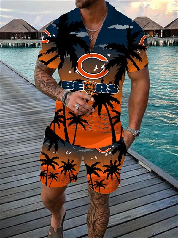 Chicago Bears Zip Polo Shirt And Shorts Men AZPLZ125