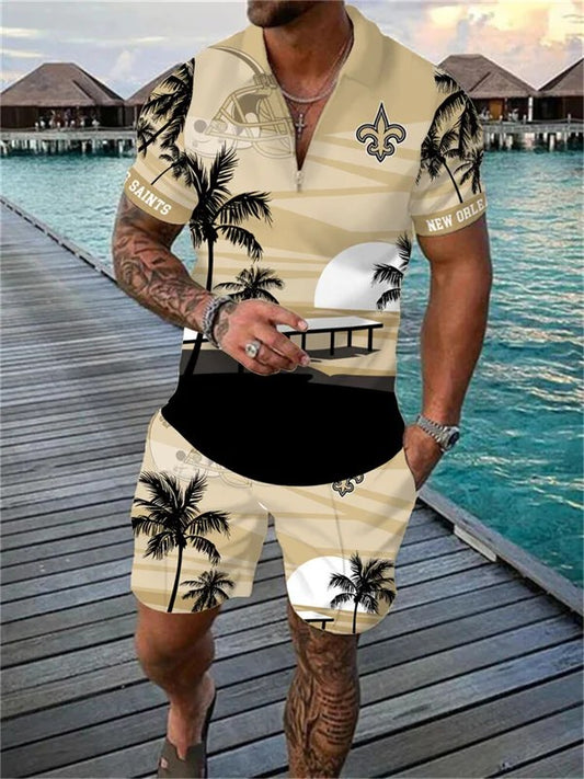 New Orleans Saints Zip Polo Shirt And Shorts Men AZPLZ091