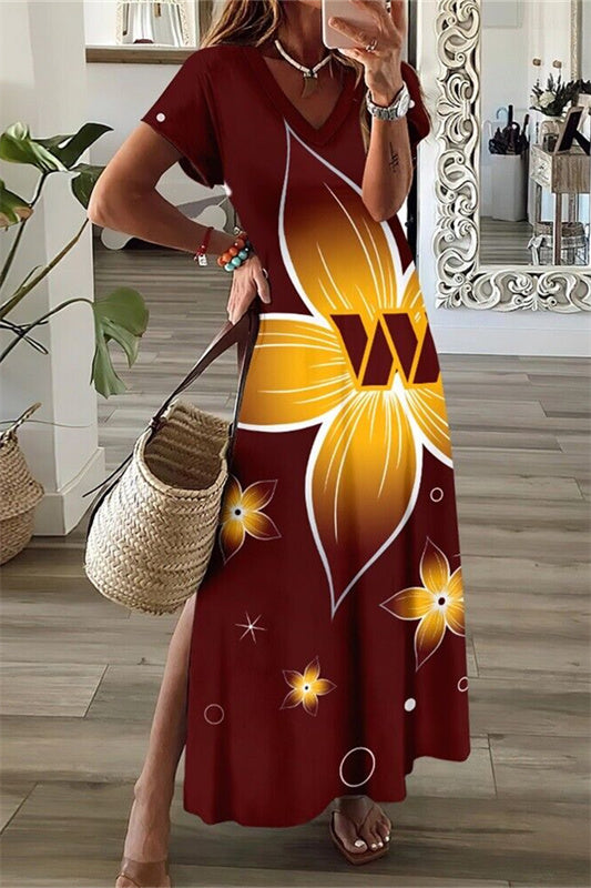 Washington Commanders V-Neck Side Slit Long Dress AZBTVSD000154