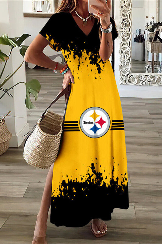 Pittsburgh Steelers V-Neck Side Slit Long Dress AZBTVSD000180