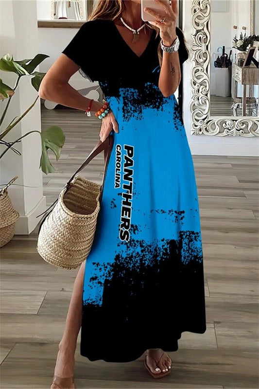 Carolina Panthers V-Neck Side Slit Long Dress AZBTVSD000365