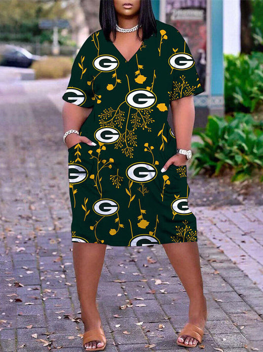 Green Bay Packers V-neck Casual Pocket Dress Limited Edition AZBTVCPD000325