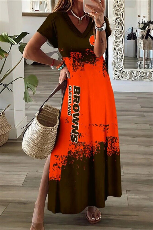 Cleveland Browns V-Neck Side Slit Long Dress AZBTVSD000388
