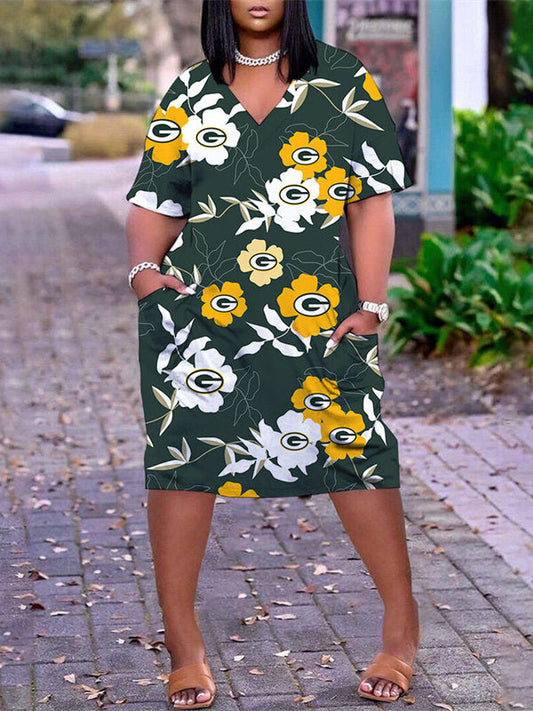 Green Bay Packers V-neck Casual Pocket Dress Limited Edition AZBTVCPD000495