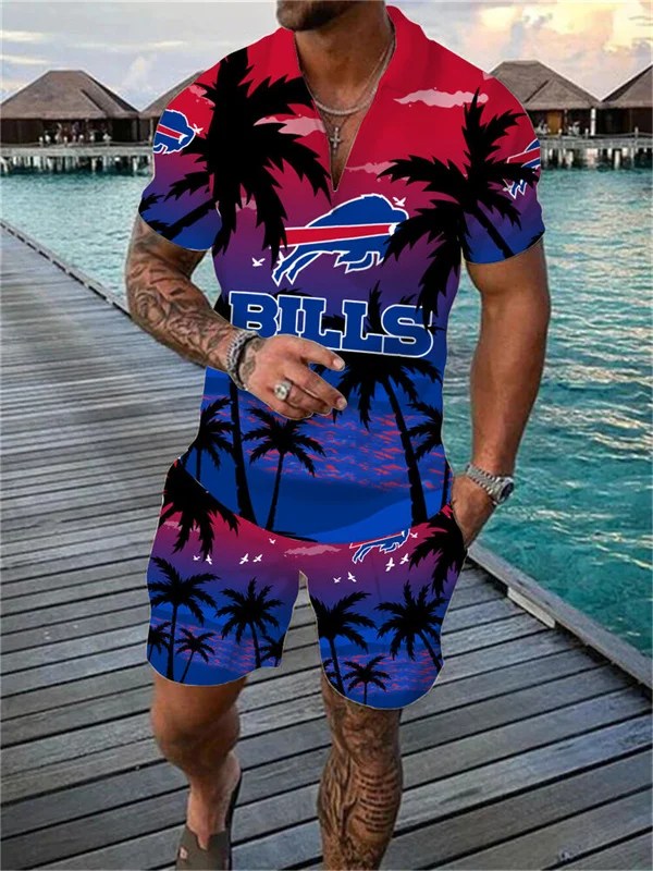 Buffalo Bills Zip Polo Shirt And Shorts Men AZPLZ157