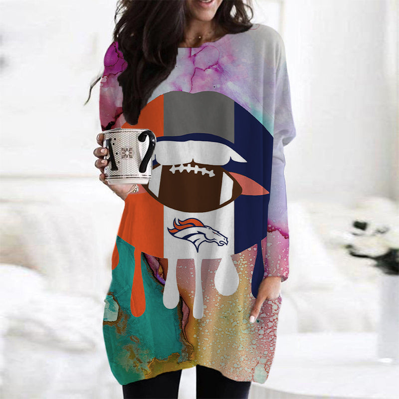 Denver Broncos Casual Long Sleeve Pocket Dress AZBTLSPD000020