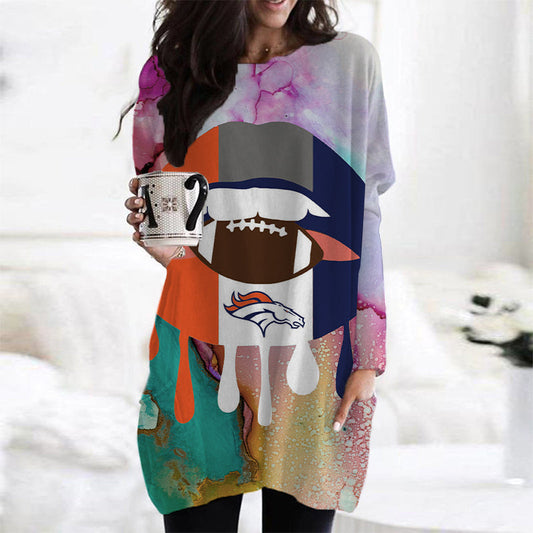 Denver Broncos Casual Long Sleeve Pocket Dress AZBTLSPD000020