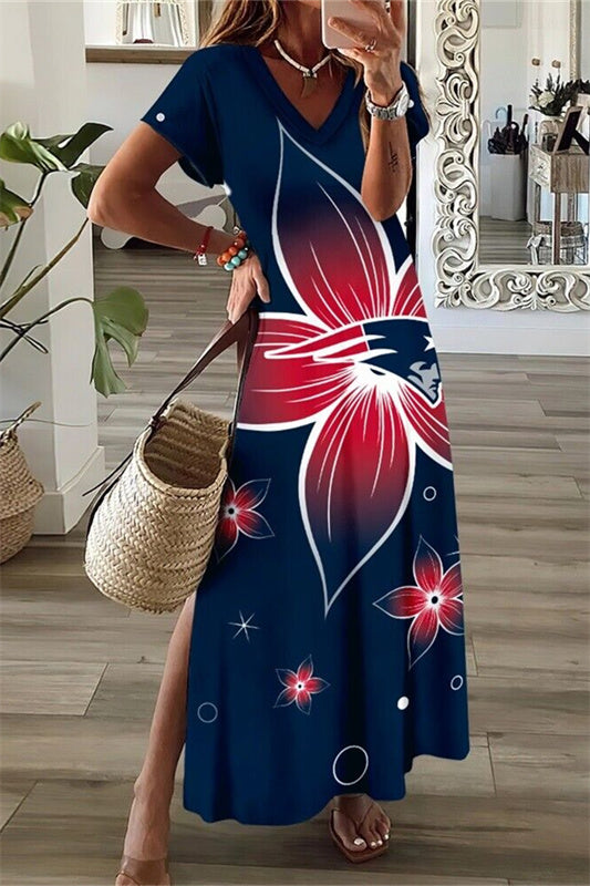 New England Patriots V-Neck Side Slit Long Dress AZBTVSD000289