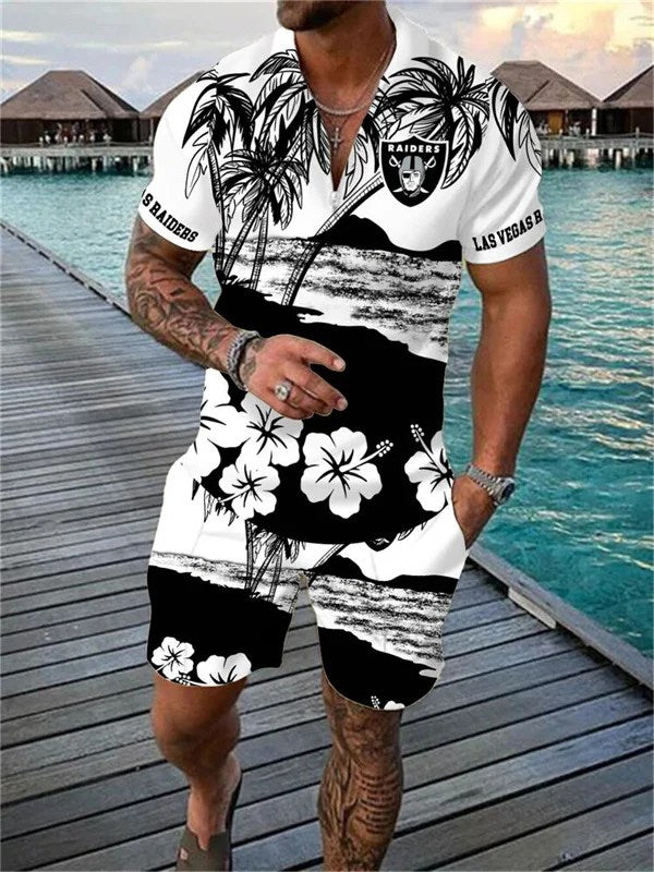 Las Vegas Raiders Zip Polo Shirt And Shorts Men AZPLZ136