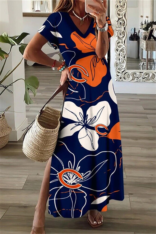 Chicago Bears V-Neck Side Slit Long Dress AZBTVSD000274