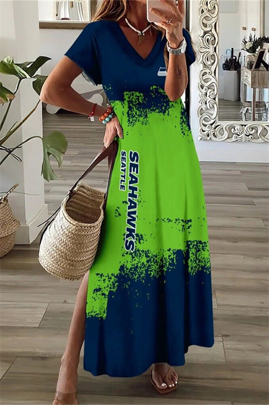Seattle Seahawks V-Neck Side Slit Long Dress AZBTVSD000395