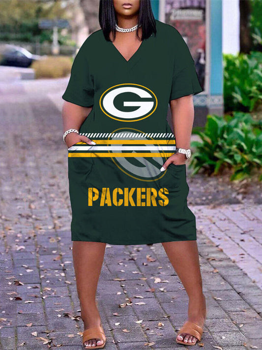Green Bay Packers V-neck Casual Pocket Dress Limited Edition AZBTVCPD000324