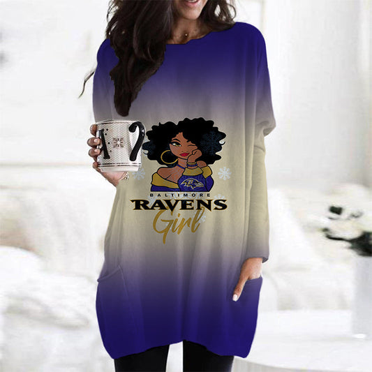 Baltimore Ravens Casual Long Sleeve Pocket Dress AZBTLSPD000004