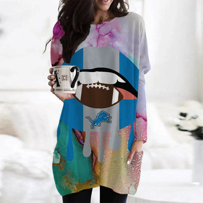 Detroit Lions Casual Long Sleeve Pocket Dress AZBTLSPD000008