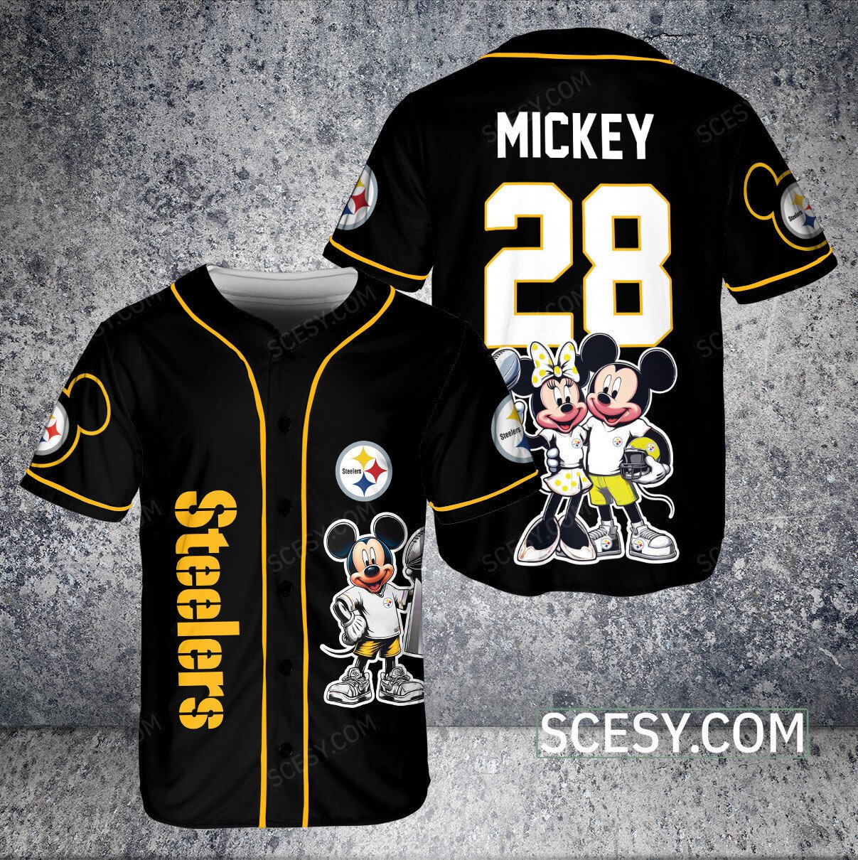 Pittsburgh Steelers Minnie And Mickey Baseball Jersey Black Pipping