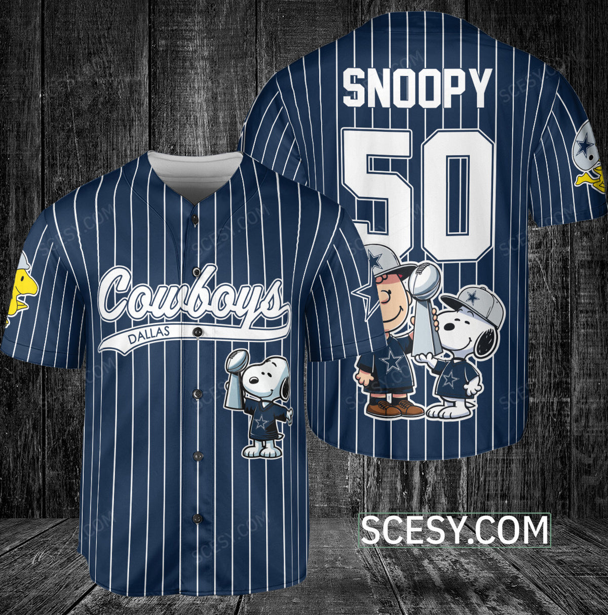 Dallas Cowboys Peanut Snoopy Champion Baseball Jersey Navy Striped