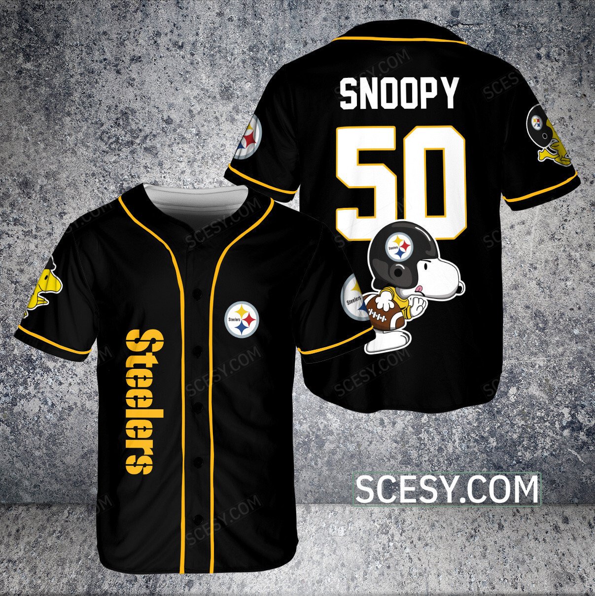 Pittsburgh Steelers Snoopy Baseball Jersey Black Pipping