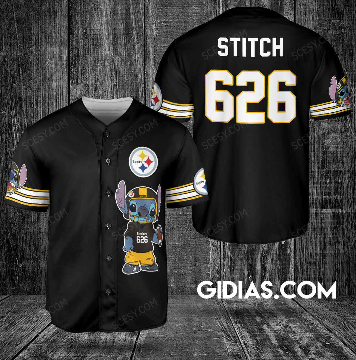 Pittsburgh Steelers Lilo And Stitch Baseball Jersey Black