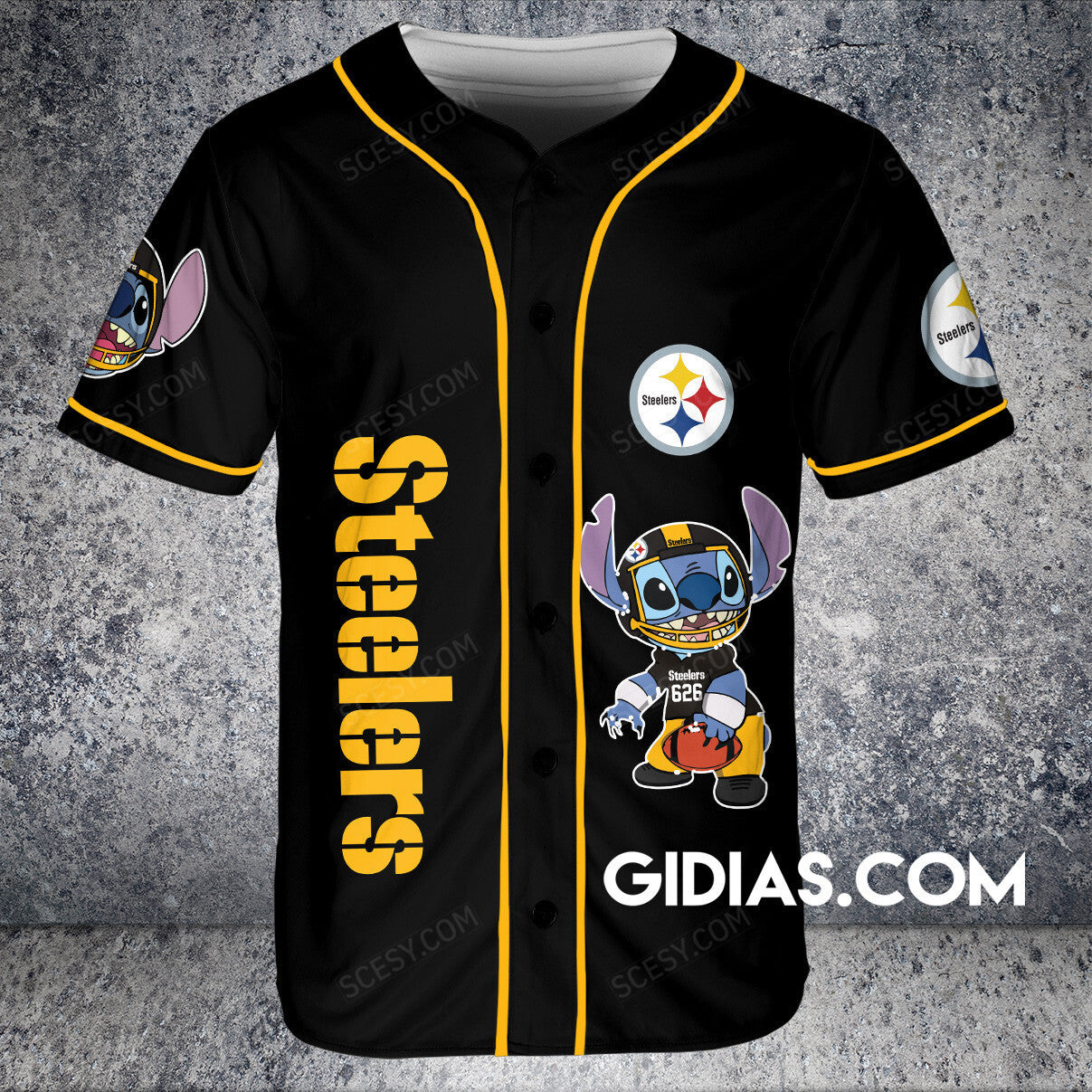 Pittsburgh Steelers Lilo And Stitch Baseball Jersey Black Pipping