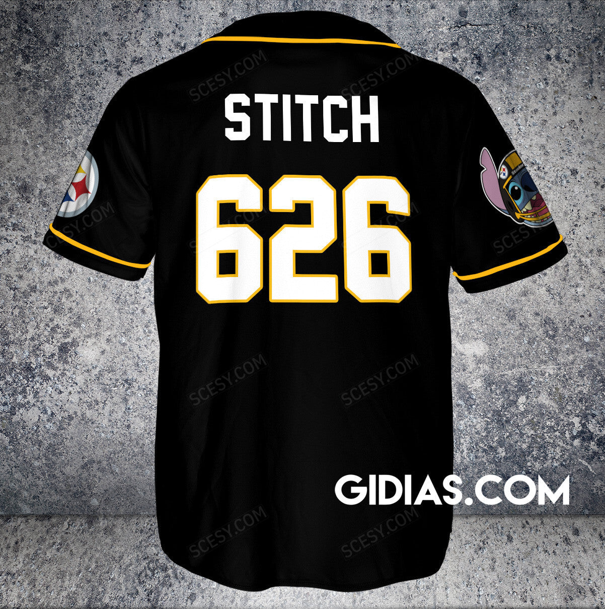 Pittsburgh Steelers Lilo And Stitch Baseball Jersey Black Pipping