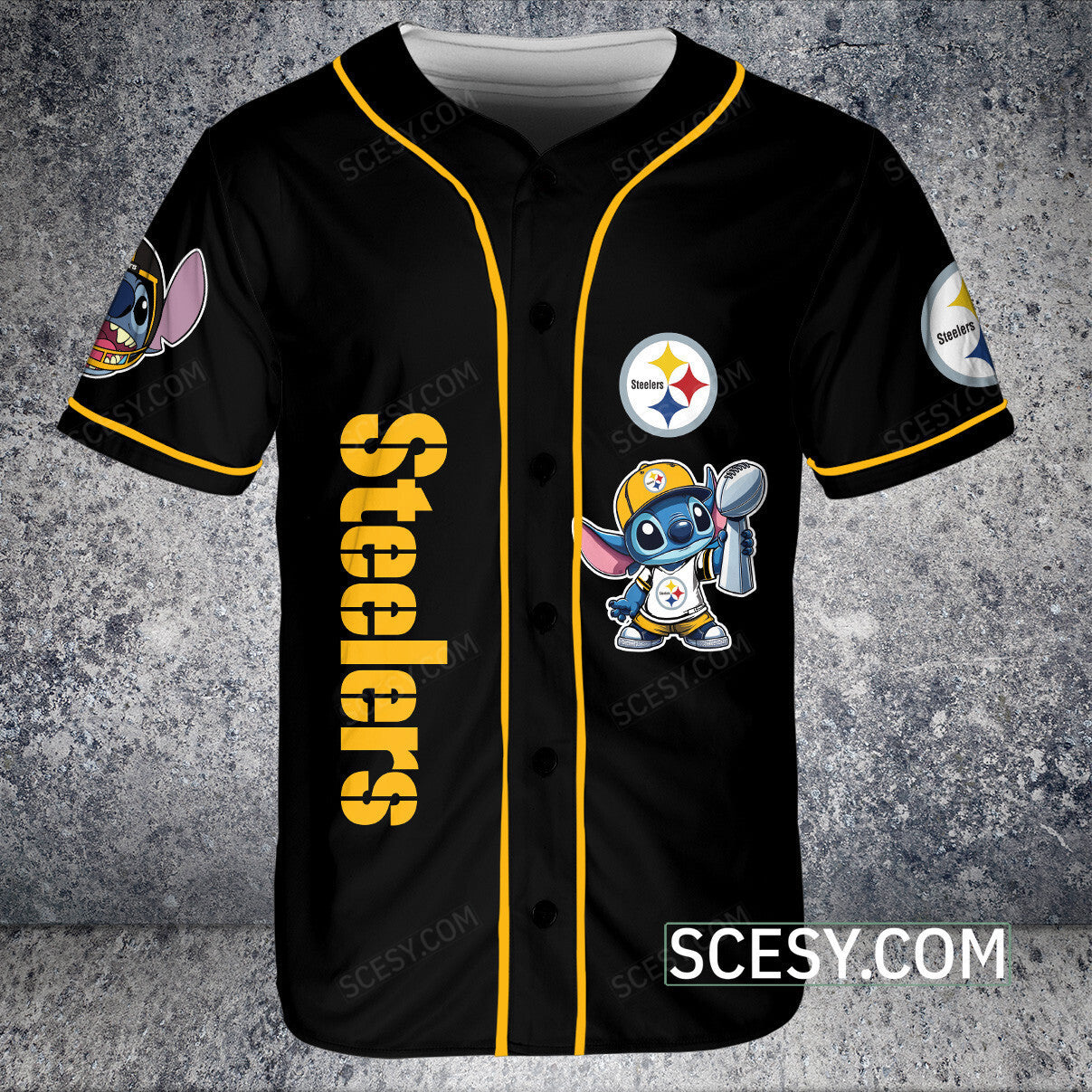 Pittsburgh Steelers Lilo And Stitch Champions Baseball Jersey Black Pipping