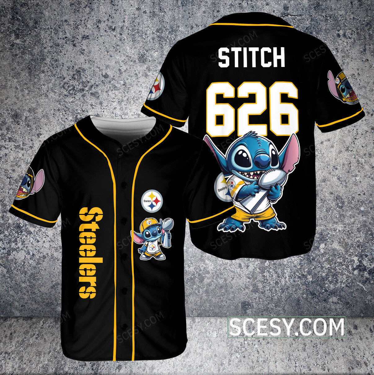 Pittsburgh Steelers Lilo And Stitch Champions Baseball Jersey Black Pipping