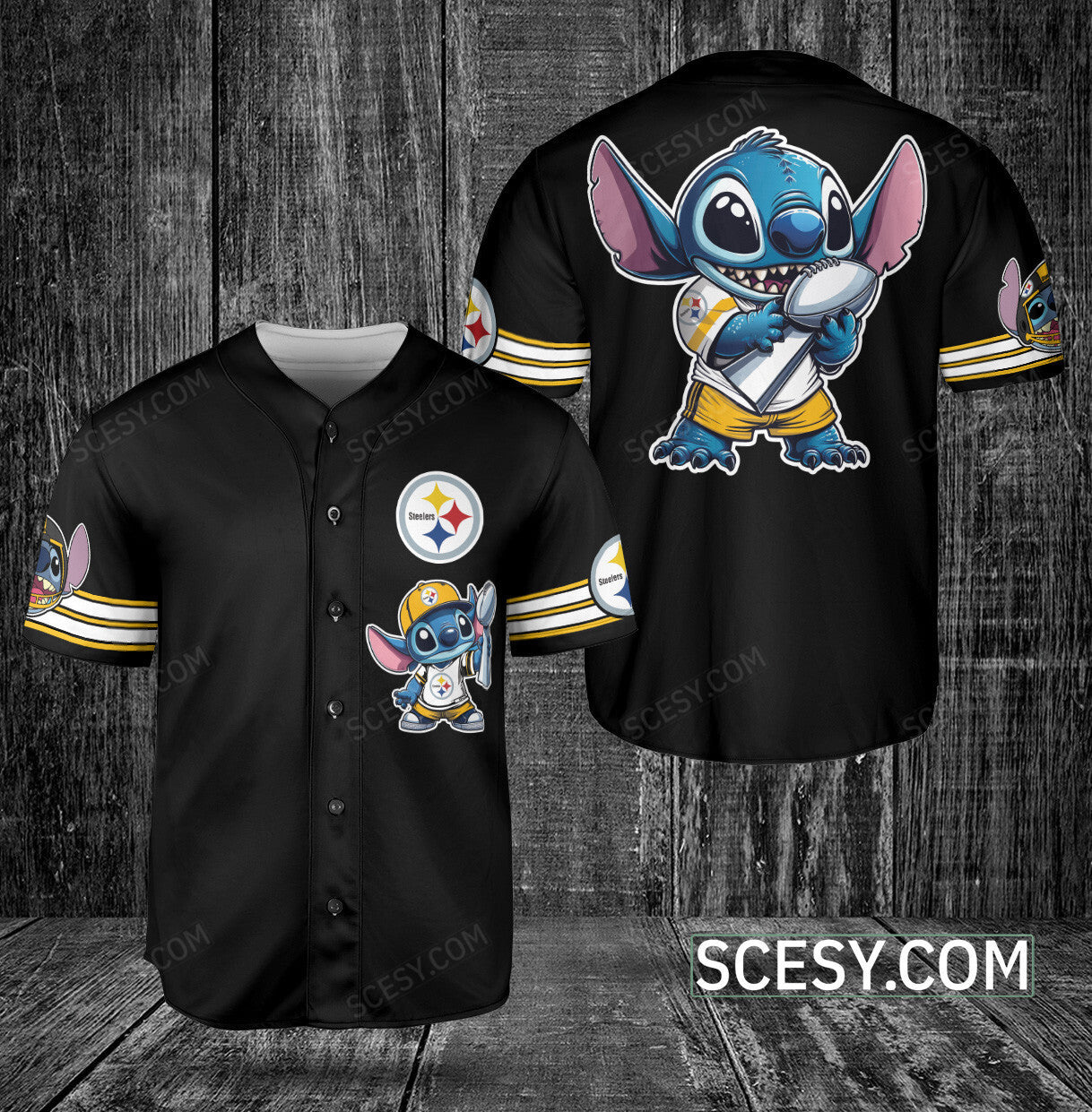 Pittsburgh Steelers Lilo And Stitch Baseball Jersey Black (2)